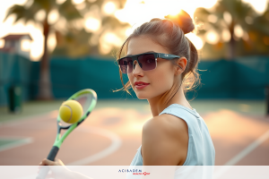 Female tennis player standing on court holding racket. Sunset with palm trees in background creating warm atmosphere.