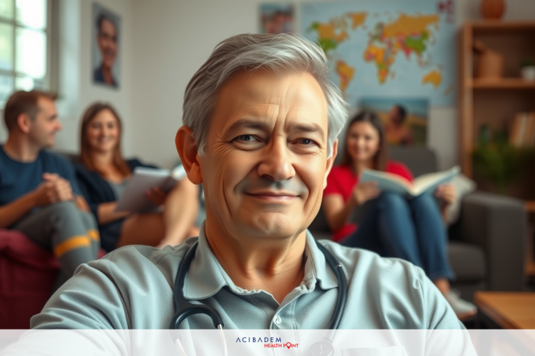 An image of a smiling man, presumably a doctor, sitting with friends. They are in a living room setting, enjoying each other's company.