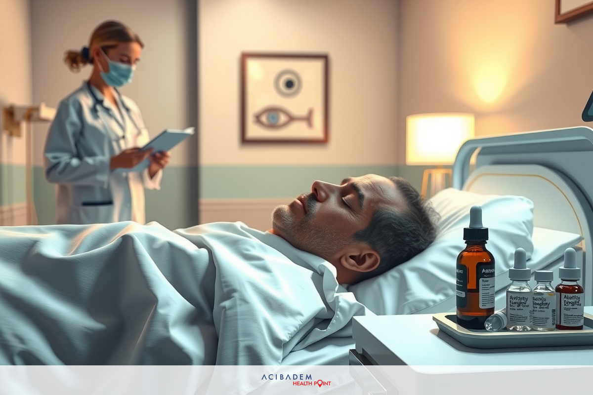 A hospital worker in a medical gown looks after a patient lying in a hospital bed. The room has various medical equipment visible, indicating it's an intensive care or monitoring unit.