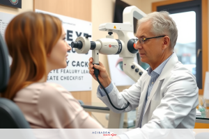 This is a medical setting with a patient seated in an eye examination chair. A doctor, likely an ophthalmologist or optometrist, stands behind the chair, conducting an eye examination. The room is well-lit and appears to be equipped for various tests related to vision health.
