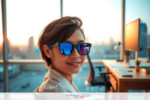 A person in a modern office, wearing sunglasses and smiling towards the camera. The office has large windows with daylight coming through, suggesting it might be early morning or late afternoon. The atmosphere is bright and professional.