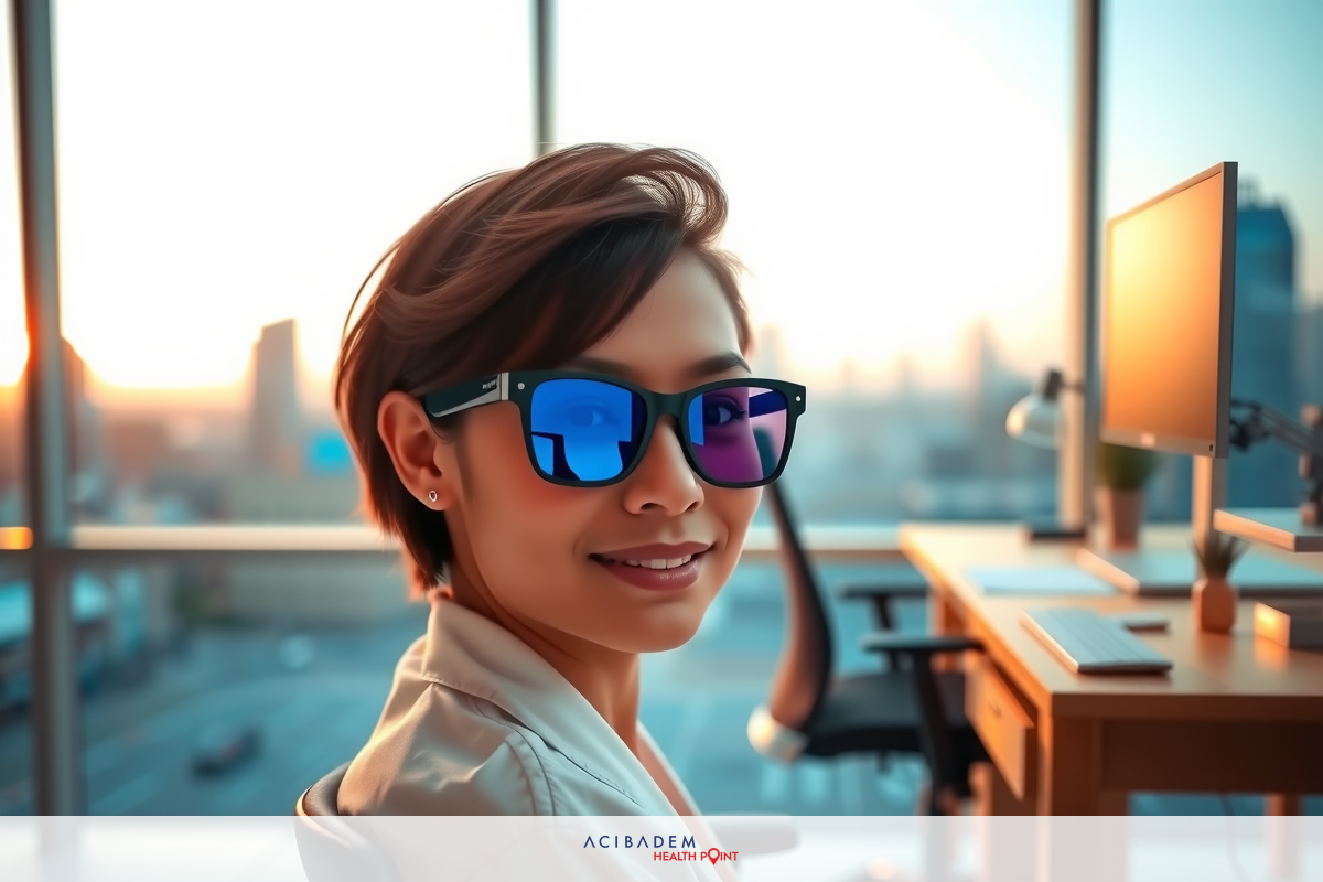 A person in a modern office, wearing sunglasses and smiling towards the camera. The office has large windows with daylight coming through, suggesting it might be early morning or late afternoon. The atmosphere is bright and professional.