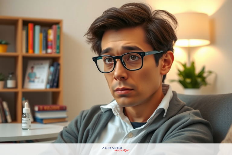 In the image, a young man sits on a couch in an indoor setting. He appears to be preoccupied with something off camera, his attention seemingly focused on looking off into the distance. The setting evokes a comfortable, homely setting, with books visible on a shelf behind him.