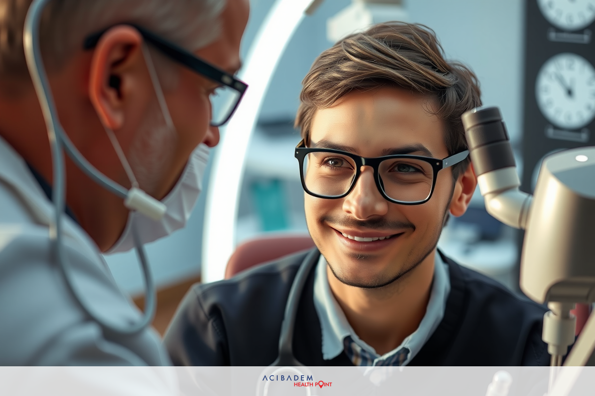 Image of a young man sitting in an examination room smiling at a doctor, possibly a medical professional performing an eye exam.