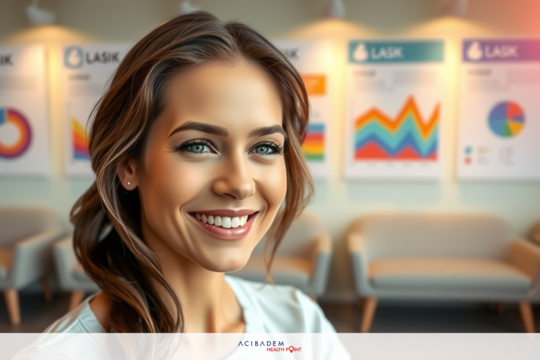 What Is Cost for LASIK Eye Surgery A woman is smiling at the camera in an office environment. There are graphs and charts on the wall behind her.