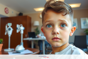 The image shows a young boy with blue eyes sitting at a desk. He appears to be in an indoor setting, possibly an office or study area, indicated by the presence of computer equipment and chairs behind him.