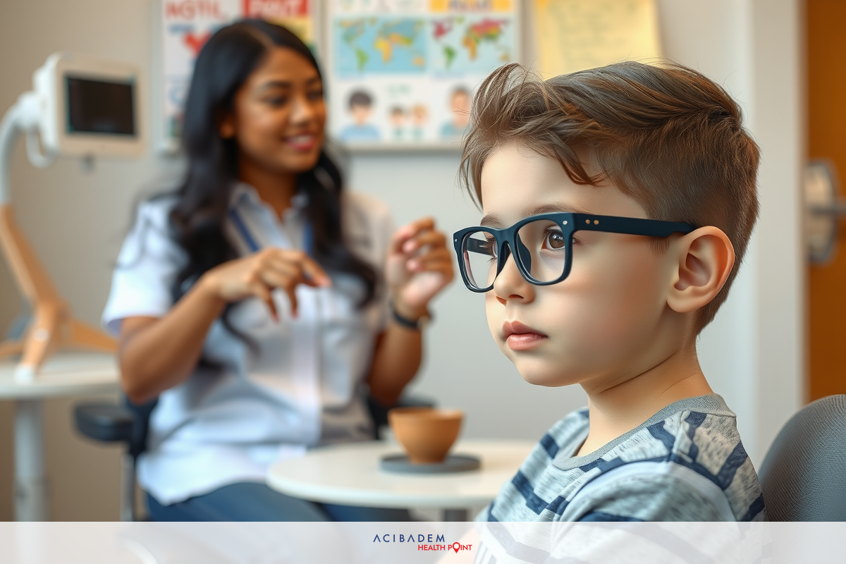 A little boy is sitting at a table with an eye examination setup in front of him. A woman, likely an optician or healthcare professional, is speaking to the boy, possibly explaining the procedure or instructions for the examination.