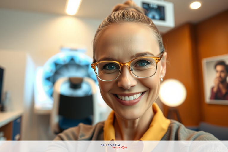 What is Involved in LASIK Eye Correction In the image, a young woman is seen smiling at the camera in what appears to be an office setting. She is wearing eyeglasses and has blonde hair pulled back into a bun.