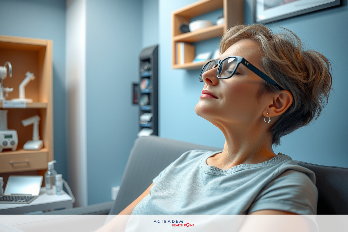 The image shows a woman with glasses, wearing a gray top, sitting in an office environment. She is leaning back on a couch and appears to be resting or deep in thought. The room has modern decor and is well-lit.