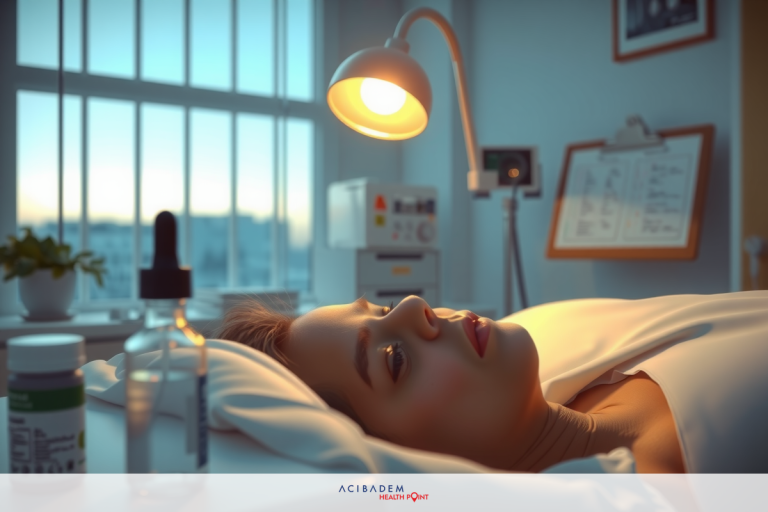 This image depicts a person lying in bed, likely in a hospital or clinic setting. The individual appears to be receiving medical attention, as there are medical supplies and a bottle of medication nearby on the nightstand. The room has a clinical atmosphere with white walls and a window that suggests it's either dawn or dusk due to the soft lighting.