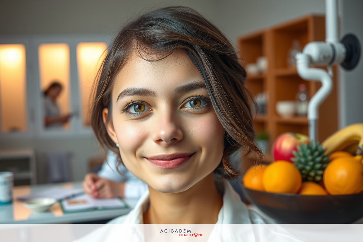 The image shows a young woman with a pleasant smile. She has light hair and her eyes have an unusual blue hue which stands out. She is wearing a white blouse or shirt, suggesting a formal setting. The background includes fruit and some office-like furniture like a desk, indicating the environment might be related to work or a healthcare professional's office.