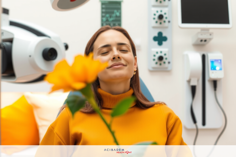 The image shows a woman resting in what appears to be an eye screening room. She is sitting and smiling with her eyes closed, as if she is enjoying the moment or the process. Medical equipment such as an ECG machine can be seen around her. The room has a clinical appearance with white walls, and there's a bouquet of orange flowers next to her on the pillow which adds a touch of warmth and nature to the otherwise sterile environment.