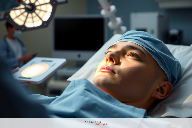 The image depicts a medical setting with a patient lying on an examination table. There are two medical professionals present: one stands at the head of the bed, holding a surgical lamp and looking down at the patient, while the other stands at the foot of the bed. The environment suggests a professional healthcare facility.