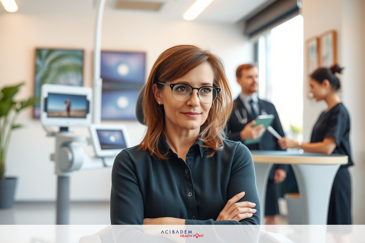 A woman standing in a modern office environment, with colleagues seated behind her. She wears glasses and is dressed in professional attire