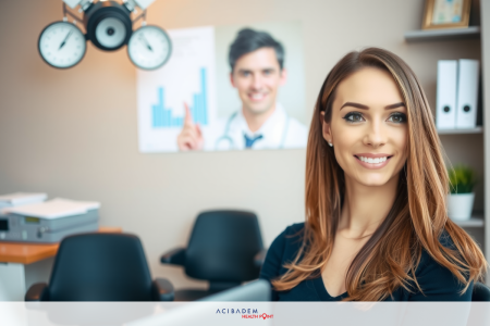 How Much Is LASIK Eye Surgery Canada The image shows a professional setting with a woman seated at an office desk. She appears to be working on a laptop, which is open in front of her. The room has various elements typical of an office environment, including chairs, a clock on the wall, and shelves with binders or documents.