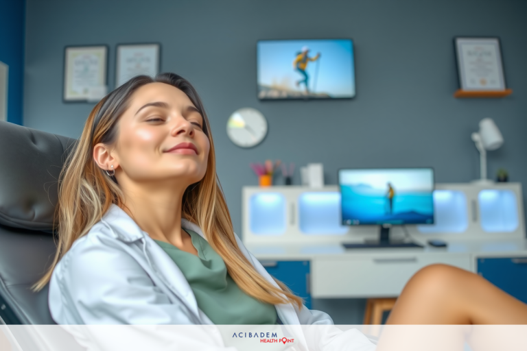 The image shows a woman seated in an office environment with a modern feel. She appears relaxed and content, possibly taking a break or enjoying some downtime from work.