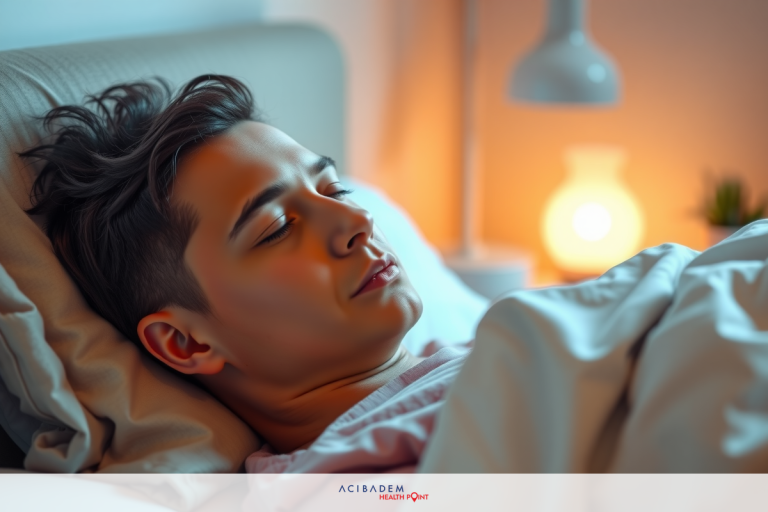 Image depicts a young man lying in bed with eyes closed, appearing to be asleep or resting. The person is dressed in a white robe and there is a dim lamp providing soft light.