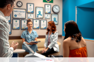 In a modern, colorful waiting room, three healthcare workers are chatting with a patient. They are sitting in comfortable armchairs, the doctor is standing. The walls are decorated with awards and certificates.