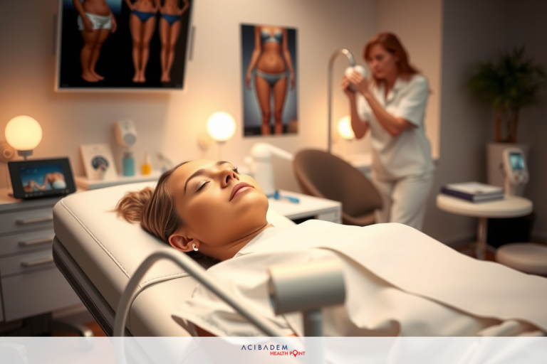 The image shows a person lying down in what appears to be an office or a professional setting, possibly receiving some form of treatment, consultation, or cosmetic procedure. The background is well-lit and features medical equipment, indicating a healthcare environment. Two people are present; one is standing in the back and the other is lying on a bed or examination table.