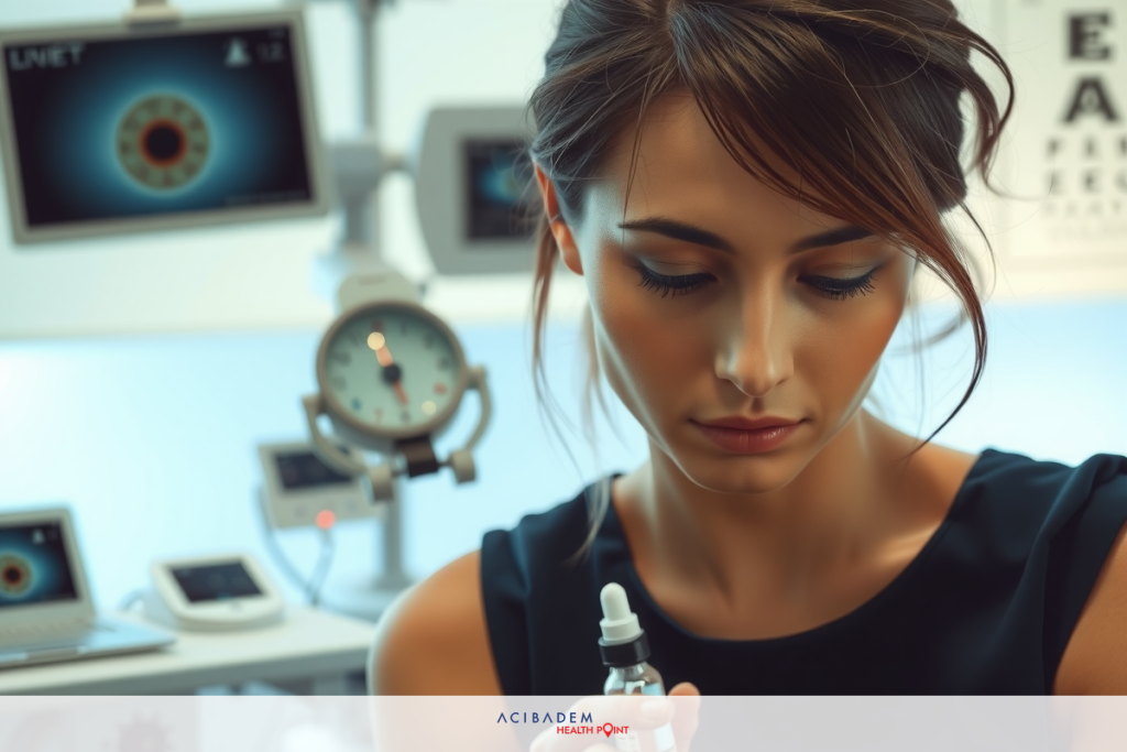 The image shows a woman in an eye examination setting. She is holding what appears to be an eyedropper close to her eye, suggesting she may be receiving treatment or drops. The background includes various medical equipment and displays related to eye health and care.