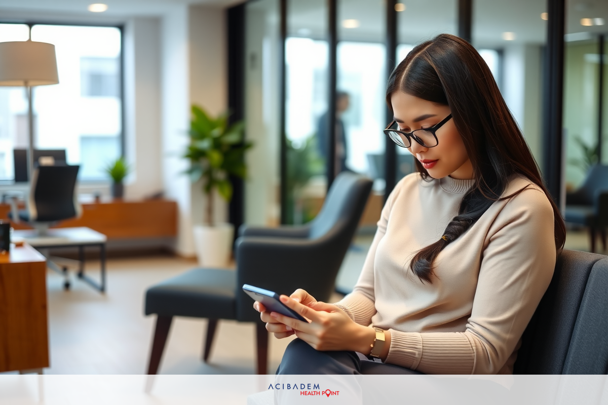 Woman seated on office chair, looking at smartphone. Modern office environment with large windows and contemporary furniture.