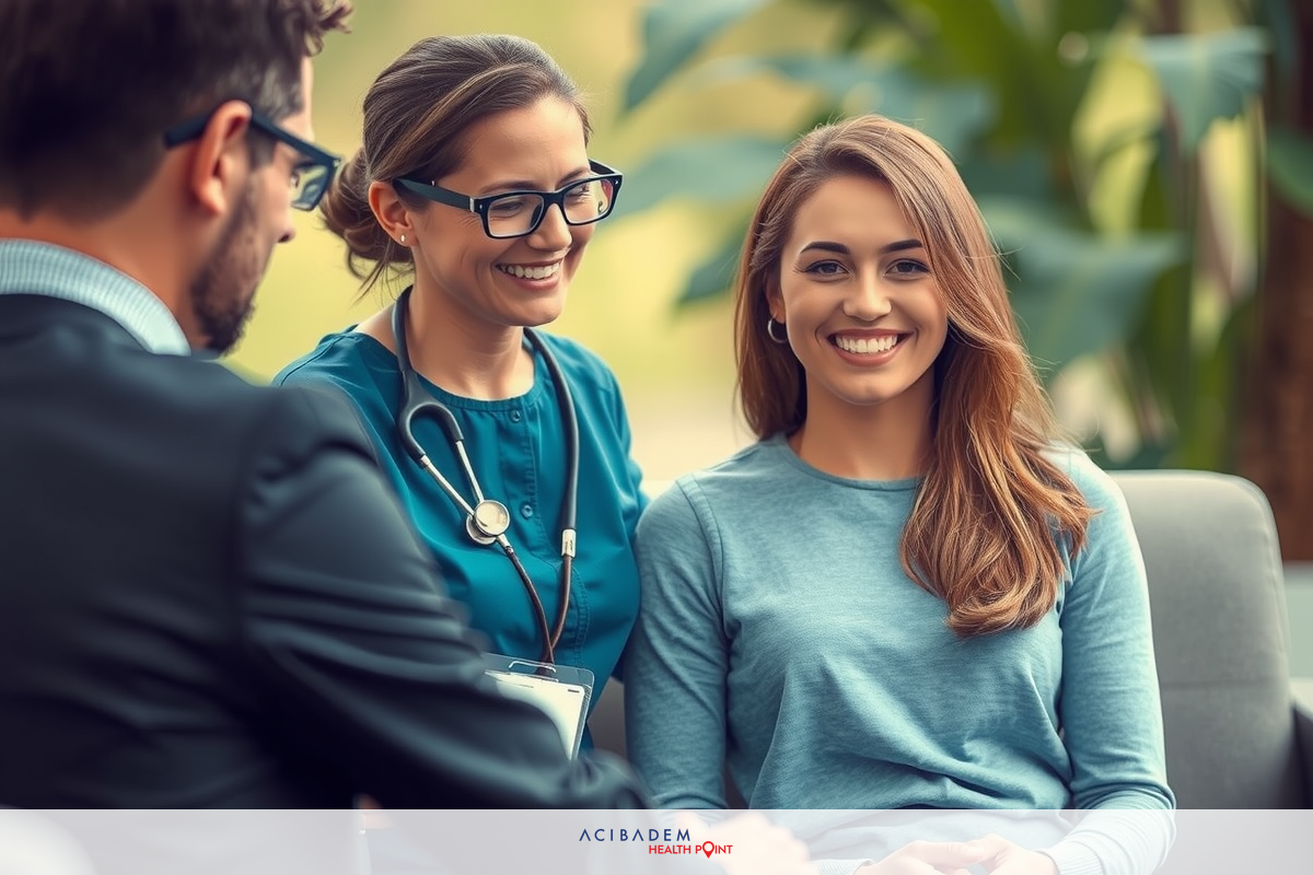Image of a professional meeting. Two women are smiling and engaged in conversation; one is an office worker with glasses, the other wears scrubs as a nurse. They are seated while a man in a suit stands nearby. Office setting includes plants for decoration.