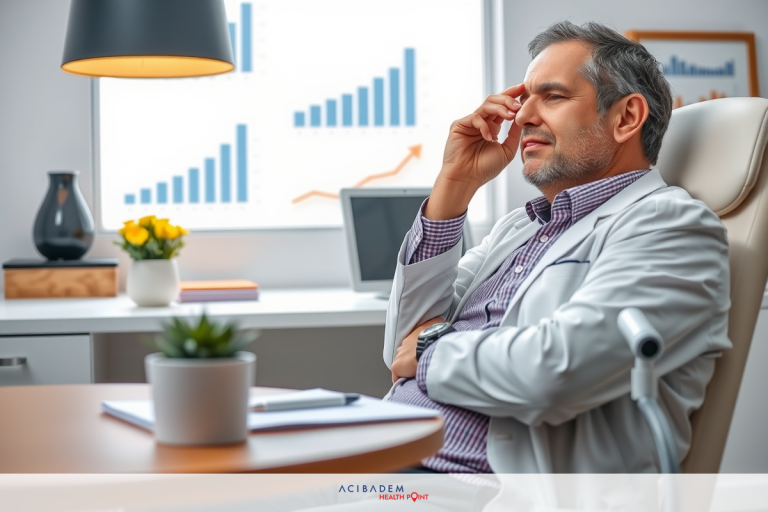 A man in a suit sitting in an office with his head on his hand, appearing to be stressed or resting. The office environment includes graphs on the wall, indicative of financial analysis or data monitoring.