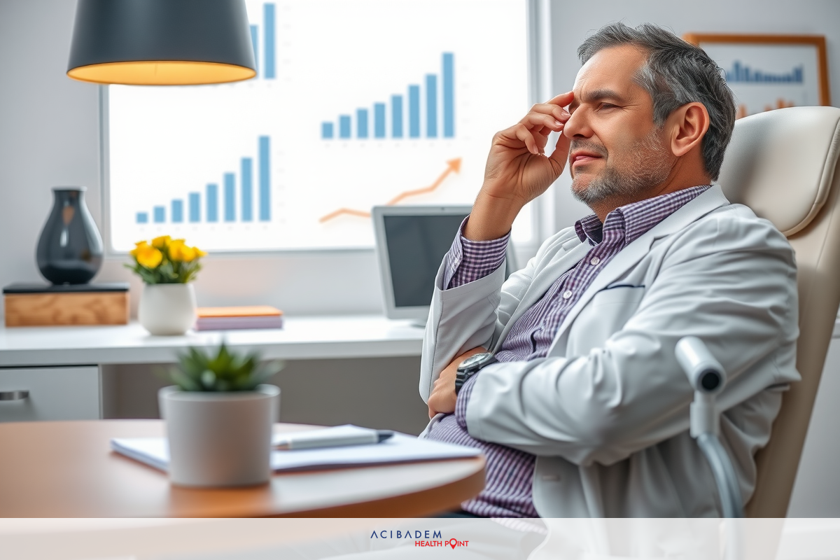 A man in a suit sitting in an office with his head on his hand, appearing to be stressed or resting. The office environment includes graphs on the wall, indicative of financial analysis or data monitoring.