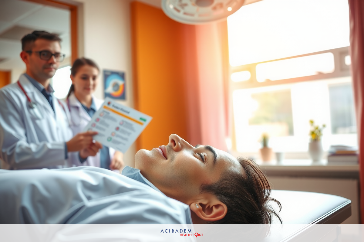 A person lying in a patient chair, presumably receiving an examination from a focused medical professional. The scene is brightly lit and takes place in an enclosed environment.