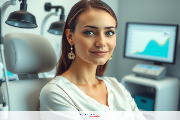 How Much is LASIK Eye Surgery in Alaska? Woman sitting in medical chair with digital equipment, smiling, and looking to the right.