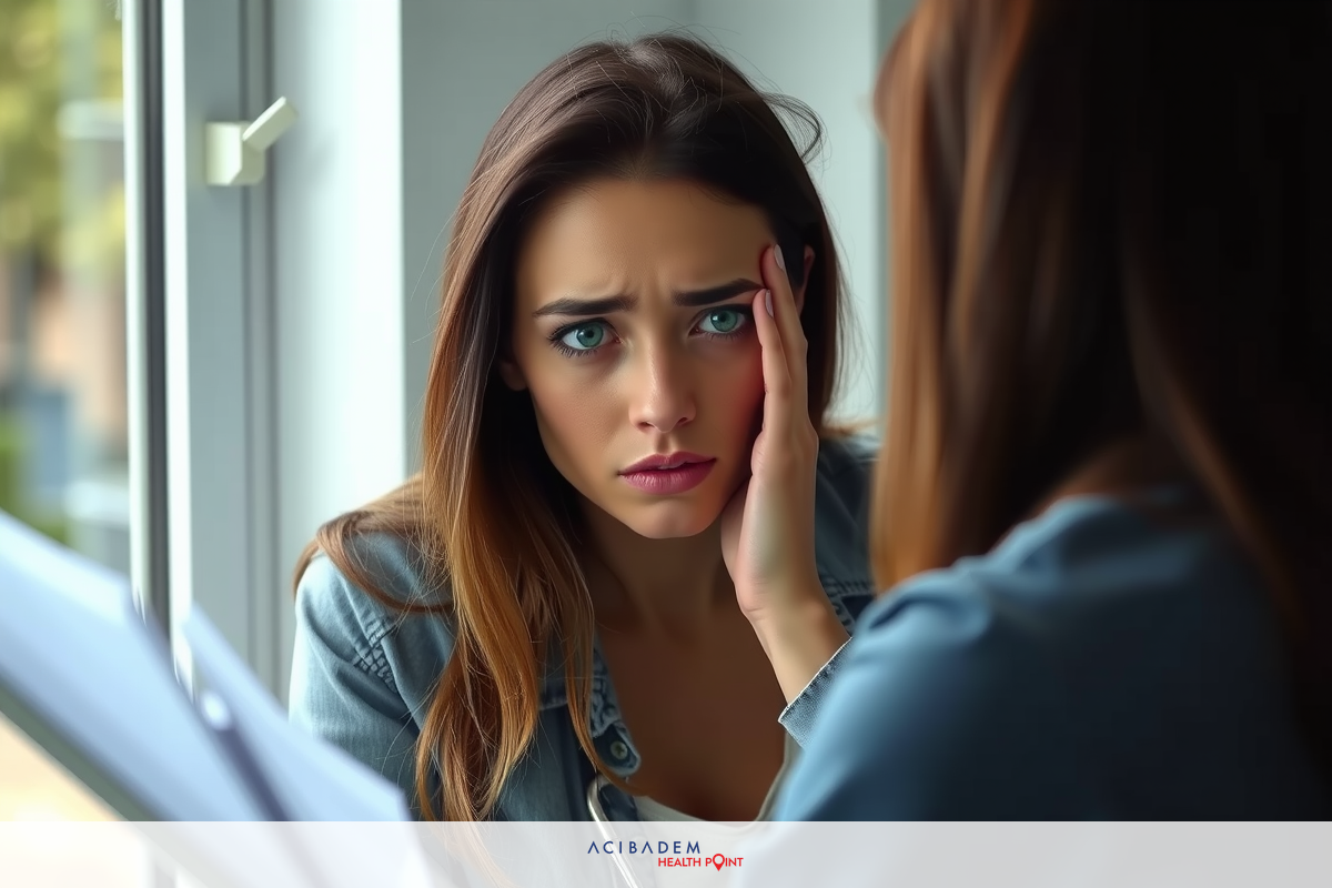 In the image, a woman is seen in distress. She's holding her hand to her face and appears to be upset or concerned. Her expression is one of worry. In the background, another person is seated at a table, suggesting they are engaged in a discussion or meeting.