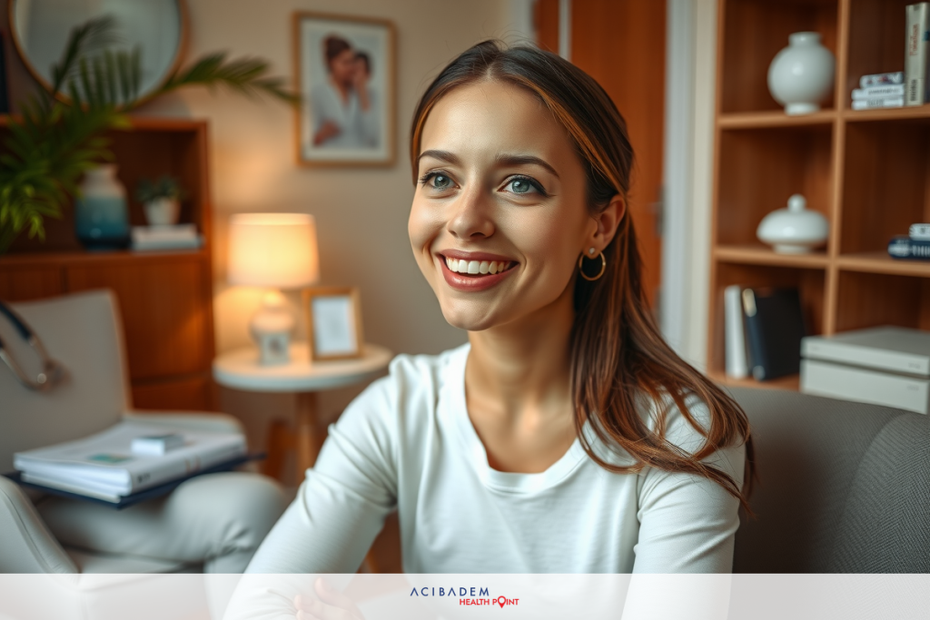 How Much Cost of Rhinoplasty Young woman seated at office desk, smiling and looking directly into camera. She is wearing a white blouse with rolled-up sleeves, and the surrounding office includes a bookshelf with various decorative items.