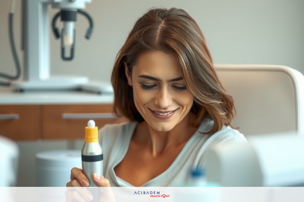 A woman in a modern medical environment, smiling and holding a vial of medicine.
