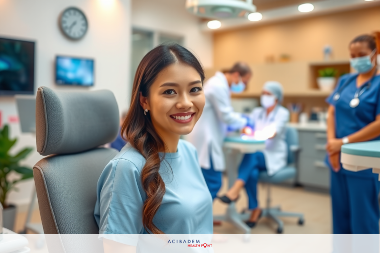 How Much Does Rhinoplasty Surgery Cost in India? A medical clinic with a smiling female dentist in scrubs, surrounded by other healthcare professionals and modern equipment.