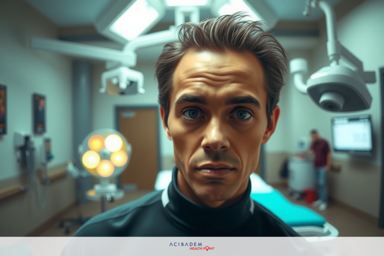 Can You Take Propecia While Undergoing Rhinoplasty? The image features a man with a concerned expression, set in a hospital environment. The background includes medical equipment and a monitor displaying patient data.