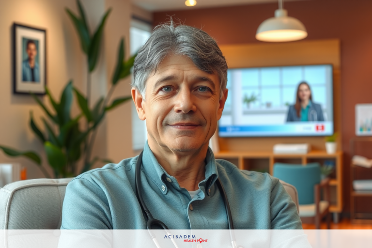 A man is sitting in an office chair. He has grey hair and appears to be smiling or looking content. There's a television screen in the background showing what seems to be a news program or interview.