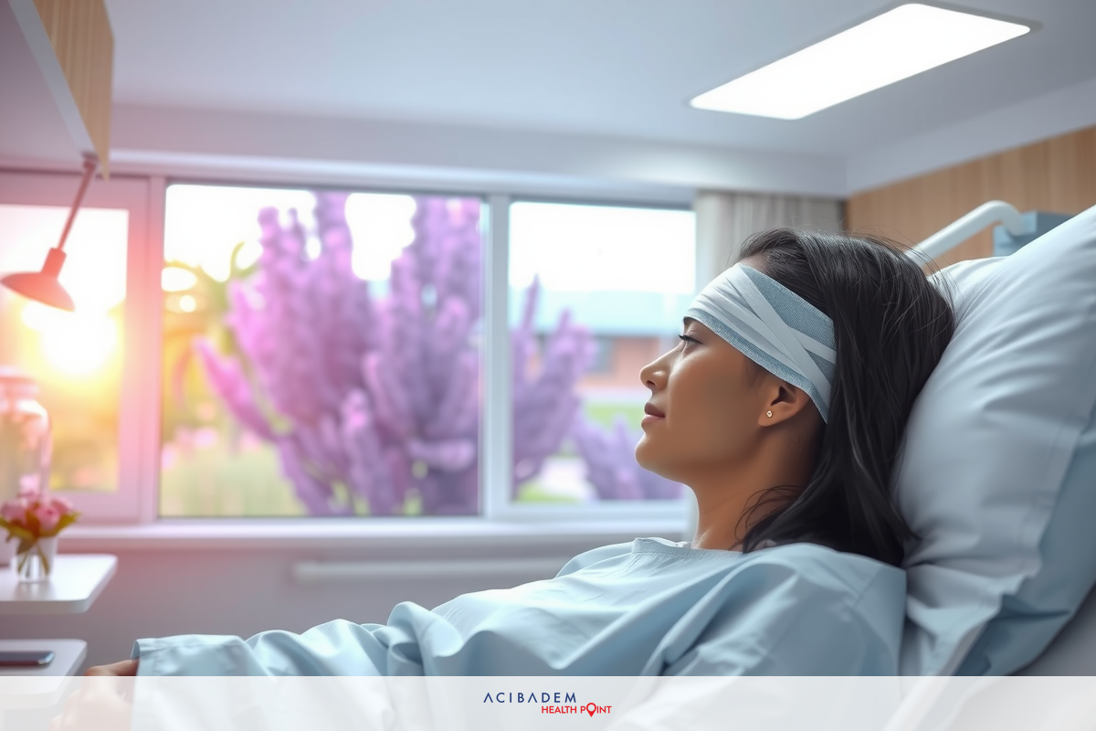 A woman lying on a hospital bed, likely in recovery or during treatment. The hospital room has a window with warm light from the setting sun outside.