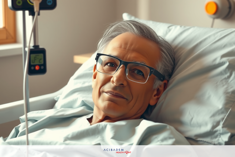 The image shows an older gentleman lying in a hospital bed. He is wearing glasses and appears to be hooked up to medical equipment, possibly for monitoring or receiving treatment.