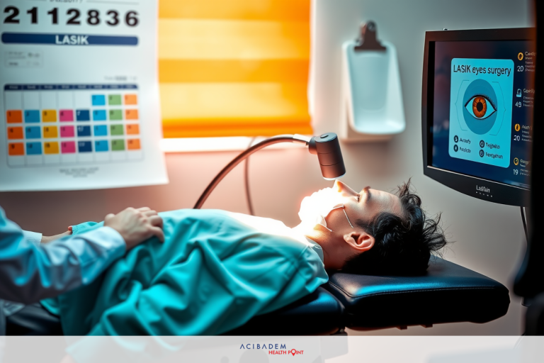Medical setting where patient lies on stretcher and receives eye examination by ophthalmologist. Instruments and screens show a modern and sterile environment.
