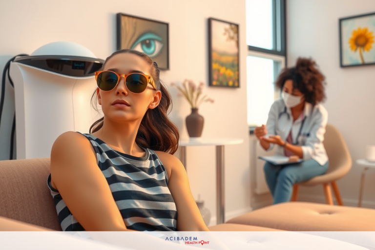 The image shows a woman sitting down, wearing sunglasses and a striped top. Behind her sits another woman who appears to be a doctor or medical professional. They are in an indoor setting that includes artwork on the walls, creating a comfortable and modern atmosphere.