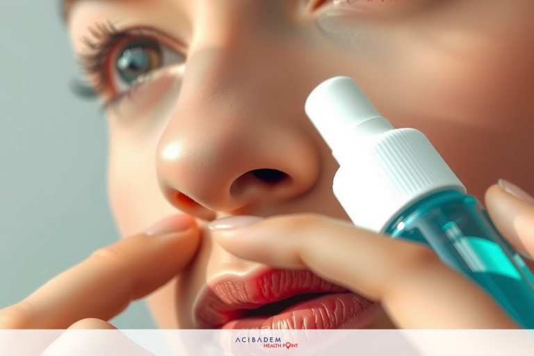 The image features a woman applying a blue-colored substance to her nose. She has red lips and appears to be in a well-lit indoor environment, possibly during the day.