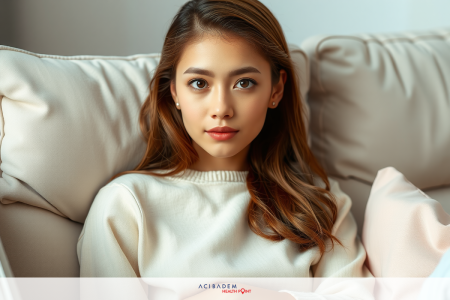 How Soon Does Scar Tissue Form After Rhinoplasty The image features a woman sitting on a couch, dressed in a white sweater. She has long hair and is looking directly at the camera with a neutral expression. Her pose suggests relaxation or contemplation.