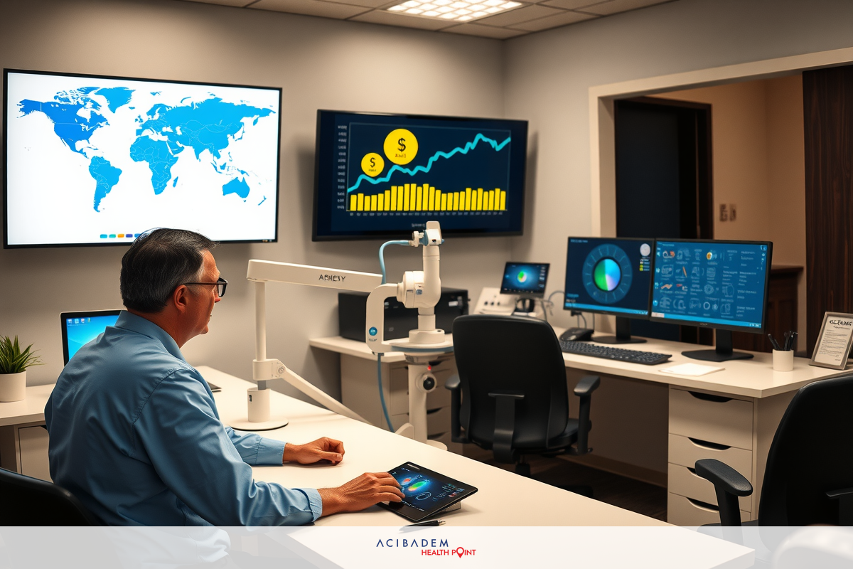 A man sitting at a desk in front of multiple computer monitors, focusing on the data displayed. The room is well-lit with various tech equipment and a world map behind him.