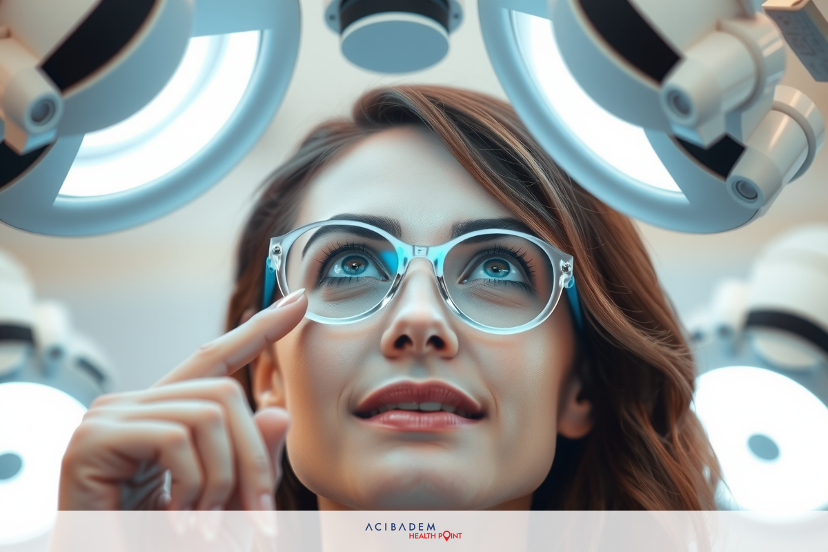 The image features a woman in a dental surgery setting. She is wearing glasses and appears to be examining something with her left hand, possibly holding a tool or a device.