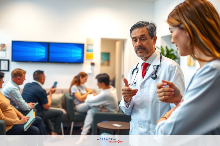 The image shows a professional environment with two doctors engaged in conversation. One doctor is wearing a red tie, indicating formality. They are in an office or waiting room setting, which includes chairs and monitors displaying medical information. The overall atmosphere suggests that the conversation could be patient-related or medical in nature.