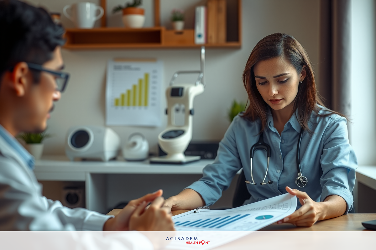 The image shows a professional setting, possibly a medical office, with two people present. They appear to be engaged in a discussion about healthcare or medical documentation, as evidenced by the papers on the table. The setting suggests a focus on communication and collaboration.