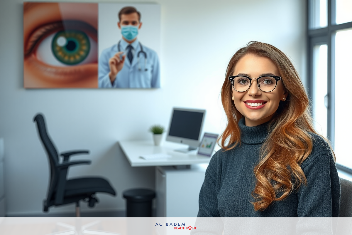 A young woman smiling at the camera in an office setting. She is wearing a black top and glasses, with her hair styled down. The background includes white walls with various items related to health or medicine on display, such as an eye chart and medical equipment.
