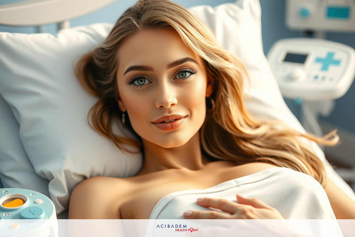 The image shows a woman lying down on a medical bed, possibly in a hospital setting. She has blonde hair and appears to be resting or being monitored by the medical equipment around her. The environment suggests she is in an intensive care or monitoring unit.