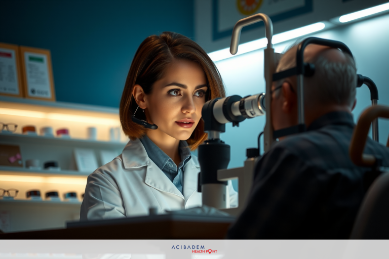 In the image, a woman in a white lab coat is conducting an eye examination on an older adult. The woman appears to be using specialized equipment with a device that looks like an optical instrument, likely for analyzing the client's vision. They are seated opposite each other at a small table. Behind them, there is a shelf with various items and documents, suggesting this could be a clinical setting such as an eye care office or specialized clinic.