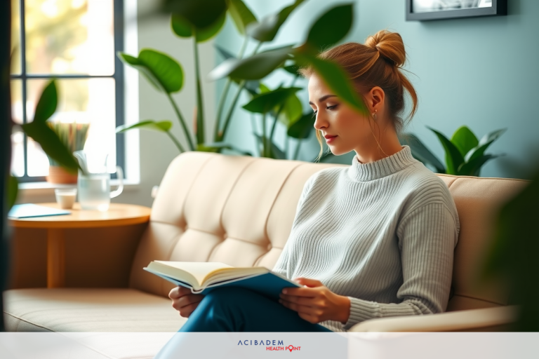 The image depicts a woman sitting comfortably on a couch, engrossed in reading a book. She is dressed casually with a neutral-toned sweater and jeans. Her environment suggests a cozy living room setting, likely designed for relaxation and leisure activities. There are potted plants nearby, adding to the serene atmosphere.